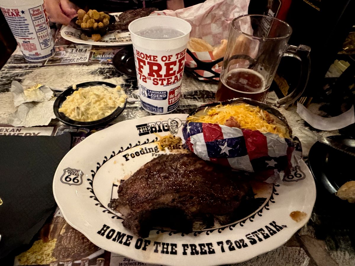 Dinner spread at the Big Texan Steak Ranch in Amarillo