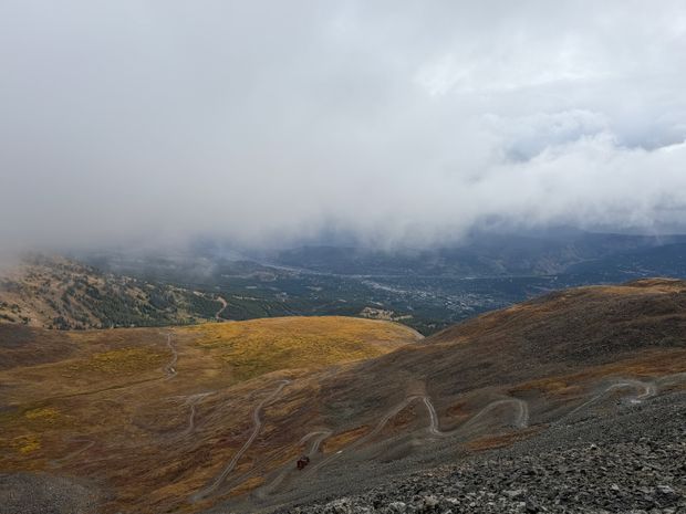 Low clouds rolling through the mountain ridges and alpine terrain above Breckenridge